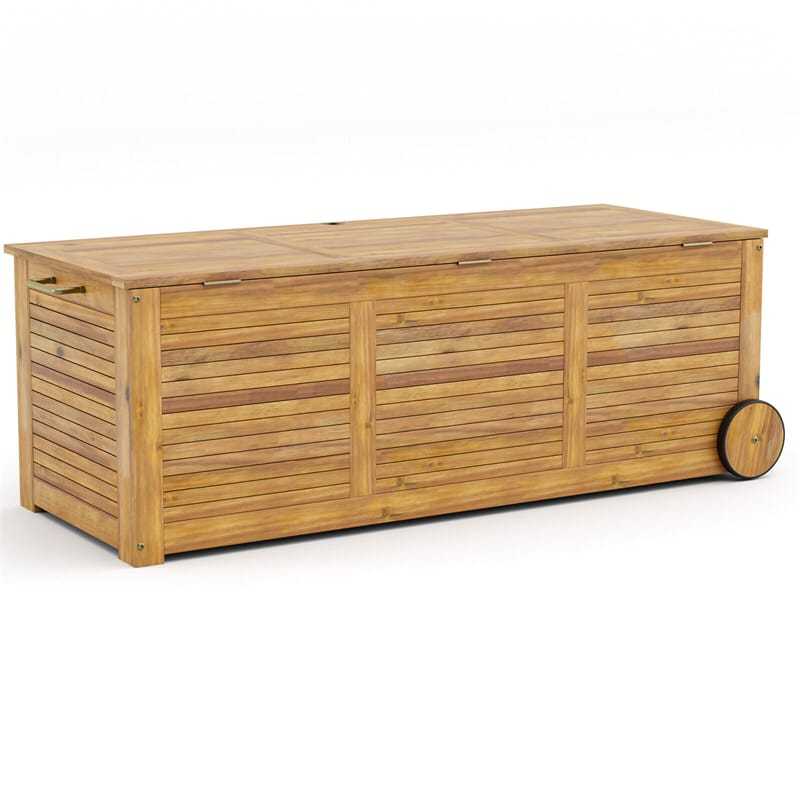 48 Gallon Acacia Wood Outdoor Storage Box with Wheels, Waterproof Cover & Side Handle, Patio Deck Box for Garden, Balcony, Yard, Poolside