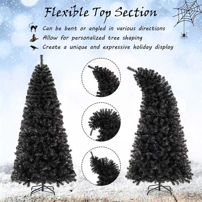 6FT/7FT Artificial Christmas Tree Pre-Lit Black Halloween Tree with Adjustable Treetop, Warm White LED Lights, PVC Branch Tips, Metal Stand