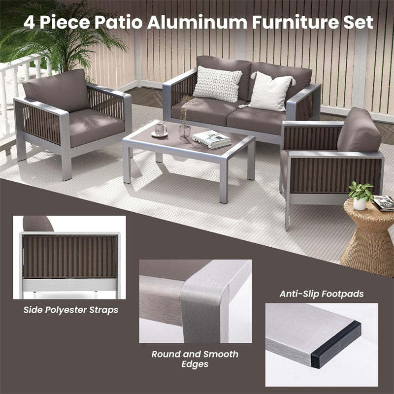 4 Piece Aluminum Patio Furniture Set Modern Outdoor Loveseat Single Sofa Set with Thick Cushions & Tempered Glass Tabletop