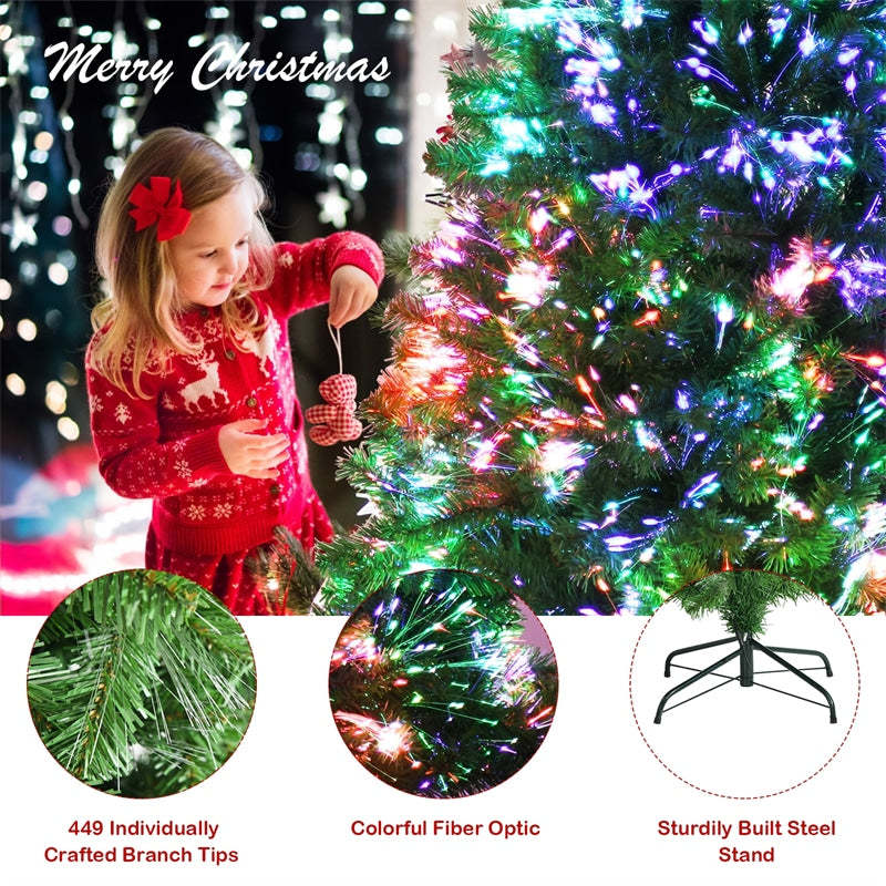 5FT Pre-Lit Fiber Optic Christmas Tree, Artificial Spruce Xmas Tree with 449 PVC Branch Tips & Metal Stand for Indoor Holiday Decor