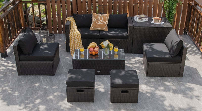 8 Piece Space-saving Patio PE Rattan Furniture Set with Storage Box & Waterproof Cover