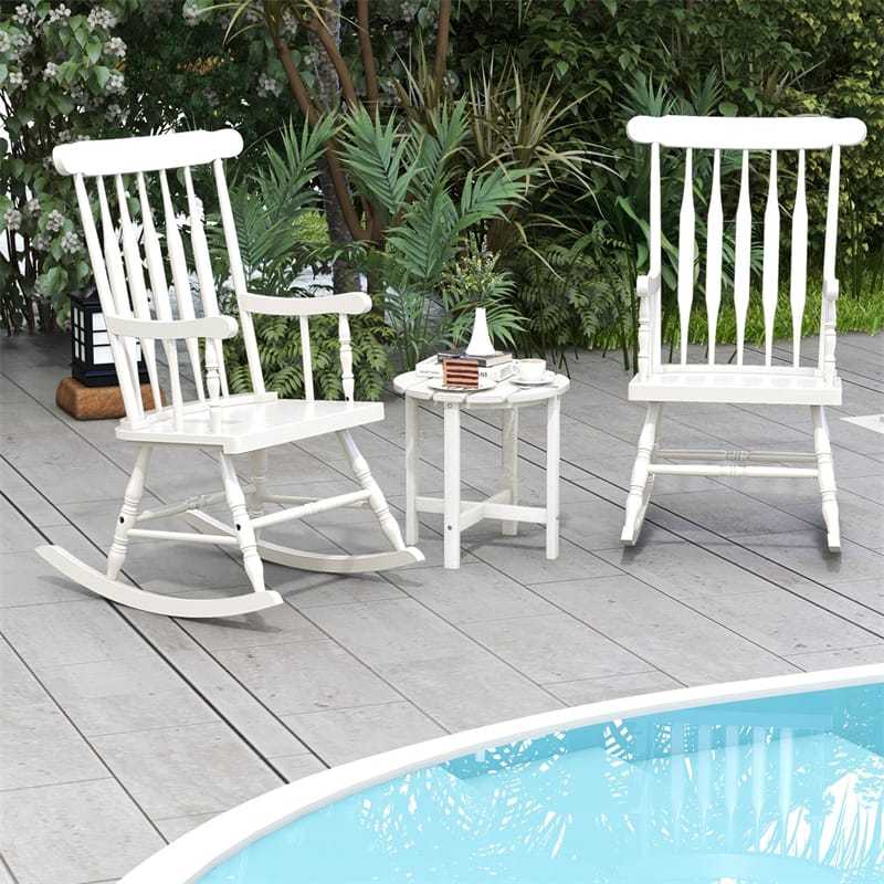 Solid Rubber Wood Patio Rocking Chair, Outdoor Porch Rocker with Slat Back & Glossy Finish for Garden, Backyard, Indoor Use