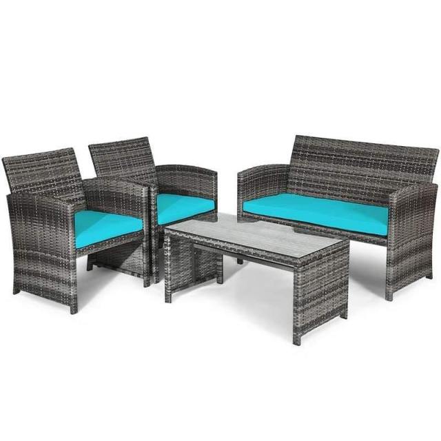 4-Piece Patio Wicker Conversation Set, Outdoor Rattan Sofa Chairs with Cushions & Tempered Glass Coffee Table for Balcony, Backyard, Garden
