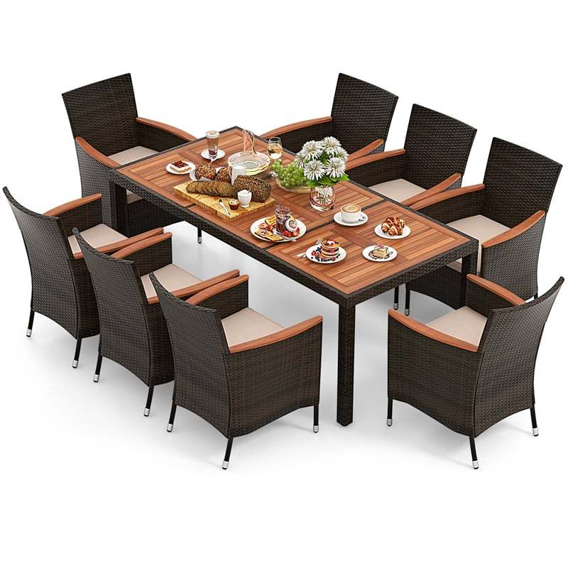 9 Piece Outdoor Dining Set, Acacia Wood & Wicker Patio Furniture Set with Cushioned Stackable Chairs & Umbrella Hole Dining Table for Backyard Garden