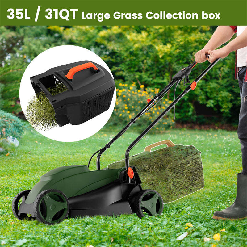 14" Electric Corded Lawn Mower 12-AMP 2-in-1 Walk-Behind Lawnmower with Grass Collection Box & 3 Adjustable Cutting Position