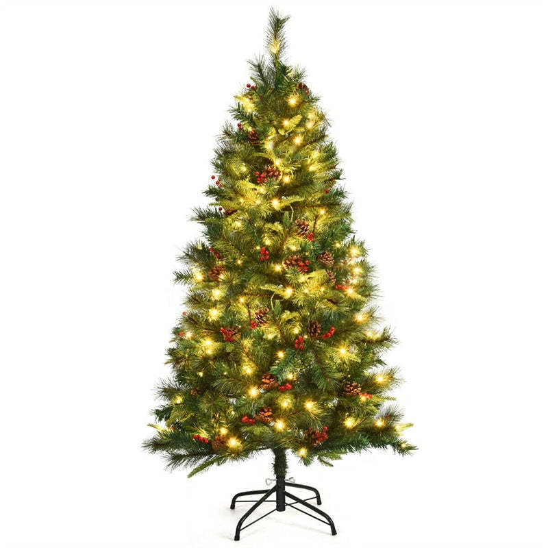 5FT Pre-lit Artificial Hinged Christmas Tree with 150 LED Lights Metal Stand