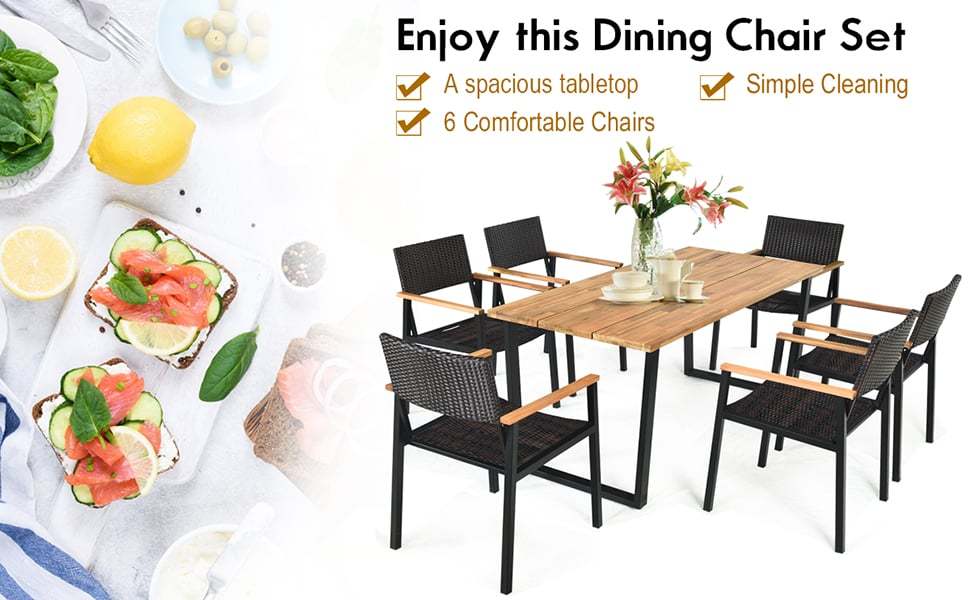 7 Pcs Rattan Patio Dining Furniture Set with Acacia Wood Table & Wicker Chairs