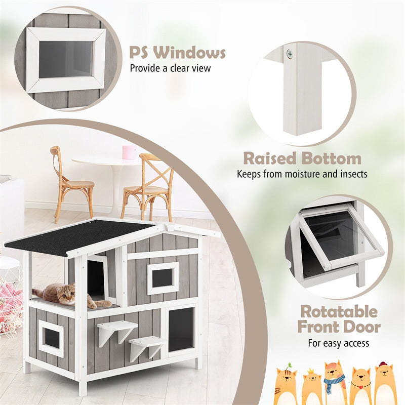 2-Story Outdoor Cat House Weatherproof Wooden Feral Cat Shelter Kitten Condo Cage with Escape Door, Balcony & 2 Jumping Platforms