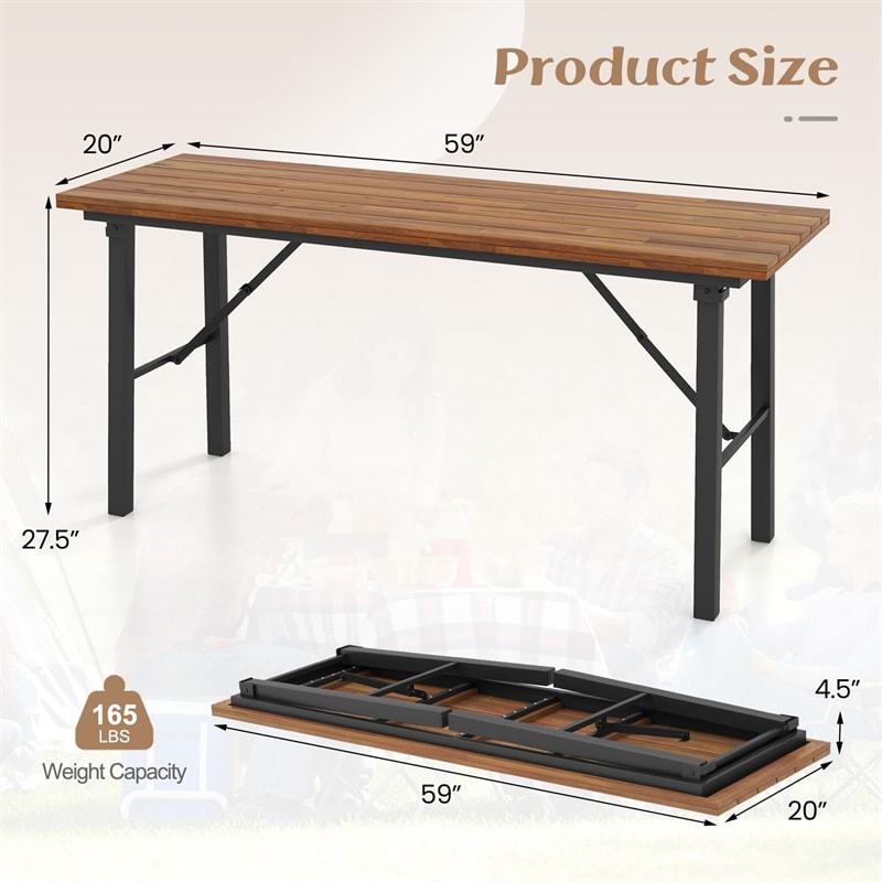 59" Outdoor Folding Picnic Table with Acacia Wood Top & Metal Frame, Portable Rectangular Dining Table for Garden, Yard, Patio & Indoor Activities