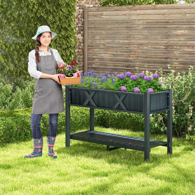 44" HIPS Raised Garden Bed with Legs, Storage Shelf & Drainage Holes, Weatherproof Elevated Planter Box for Backyard, Balcony, Flowers, Herbs