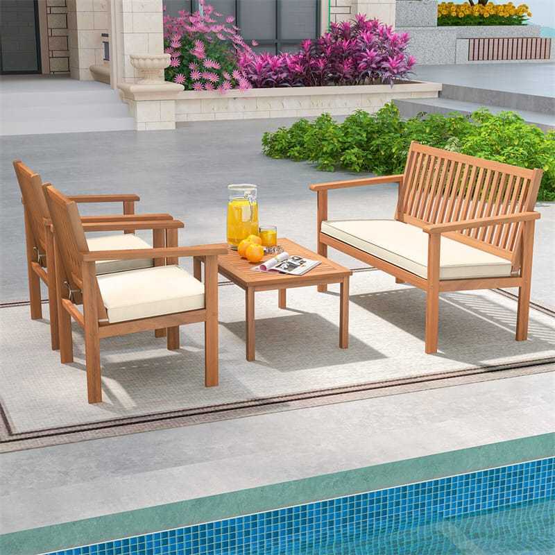 4 Piece Patio Wood Furniture Set Outdoor Acacia Wood Sofa Set with Loveseat, 2 Cushioned Chairs & Coffee Table for Porch Yard Balcony