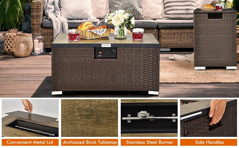 40000 BTU Outdoor Wicker Propane Fire Pit Table & Hideaway Propane Tank Holder Set with Waterproof Cover & Lava Rocks