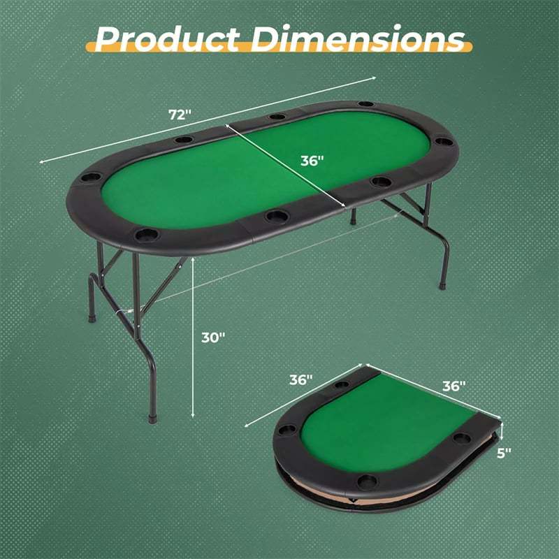 8-Player Poker Table, Foldable Card Board Game Table with Cup Holders, Casino-Grade Felt, Portable Texas Holdem Table for Blackjack Casino Games