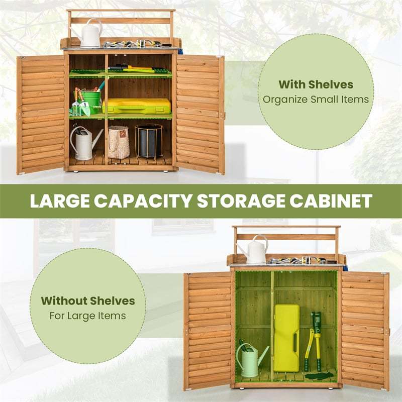 Outdoor Potting Bench Garden Potting Table w/ Storage Cabinet, Galvanized Metal Tabletop & Removable Shelves, Wood Workstation Shed for Patio Backyard