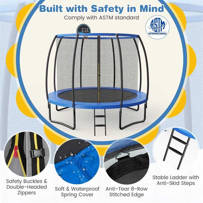 12FT Recreational Trampoline ASTM Approved Large Trampoline with Safety Enclosure Net Ladder Basketball Hoop & Ballpump