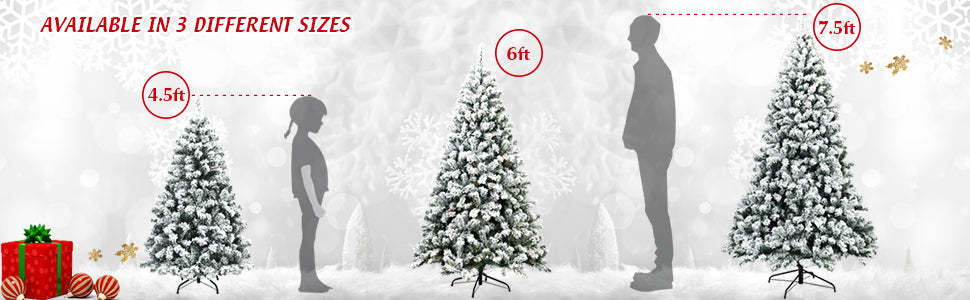 4.5ft Pre-Lit Snowy Artificial Christmas Tree Flocked Xmas Tree with 200 LED Lights & Metal Stand for Holiday Decoration