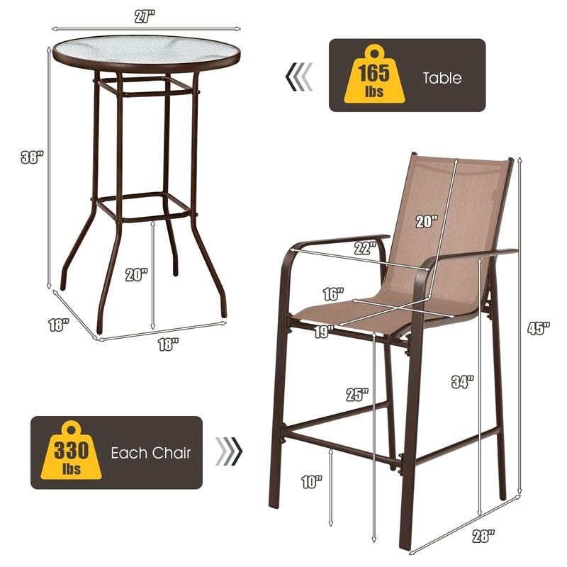 3-Piece Patio Bar Set, Outdoor Bar Height Bistro Set with 2 Chairs & Tempered Glass Top Table for Backyard, Garden, Lawn