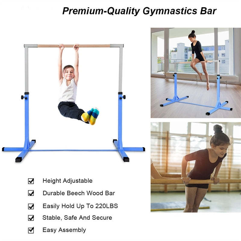 Steel Gymnastics Training Bar, 3' to 5' Height Adjustable Kip Bar with Double Locking Mechanism, Junior Horizontal Bar for Home Practice