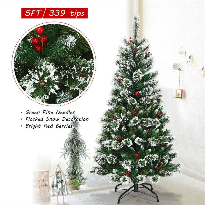 5ft Snow Flocked Pencil Artificial Christmas Tree with Red Berries