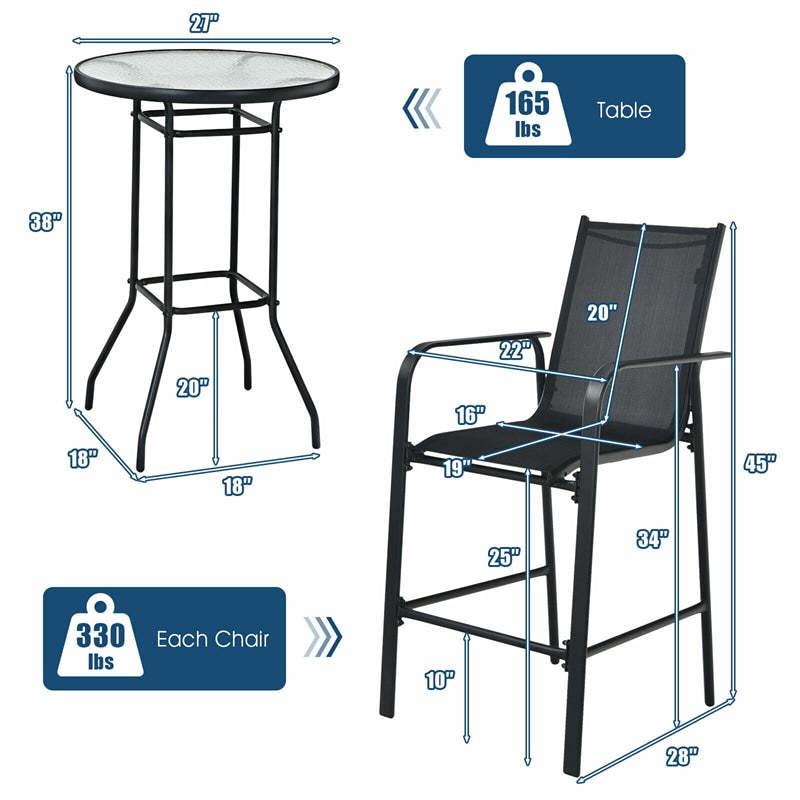 3-Piece Patio Bar Set, Outdoor Bar Height Bistro Set with 2 Chairs & Tempered Glass Top Table for Backyard, Garden, Lawn