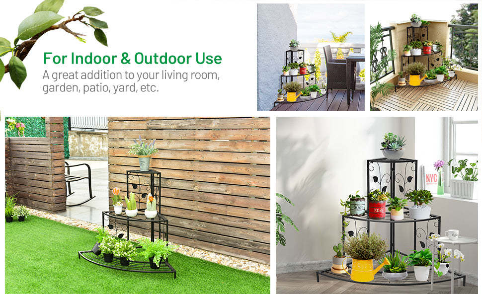 3 Tier Metal Outdoor Corner Plant Stand Flower Pot Rack