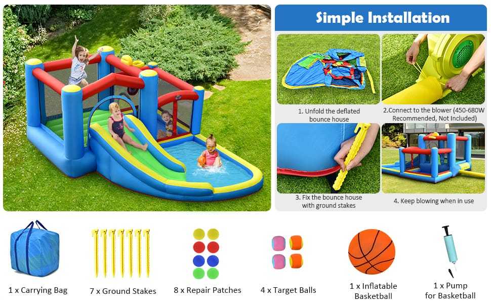 Inflatable Water Slide Bounce House Splash Pool Bounce Castle with Slide & Target Balls for Kids 5-12 Indoor Outdoor Party Family Fun