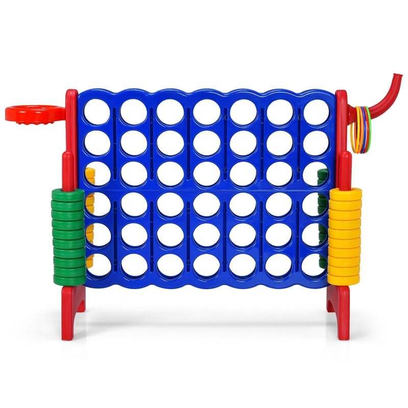 Giant 4-in-A-Row Game Set, Jumbo 4-to-Score Lawn Game with Basketball Hoop, 42 Rings, Quick-Release Slider for Kids & Adults, Indoors Outdoors