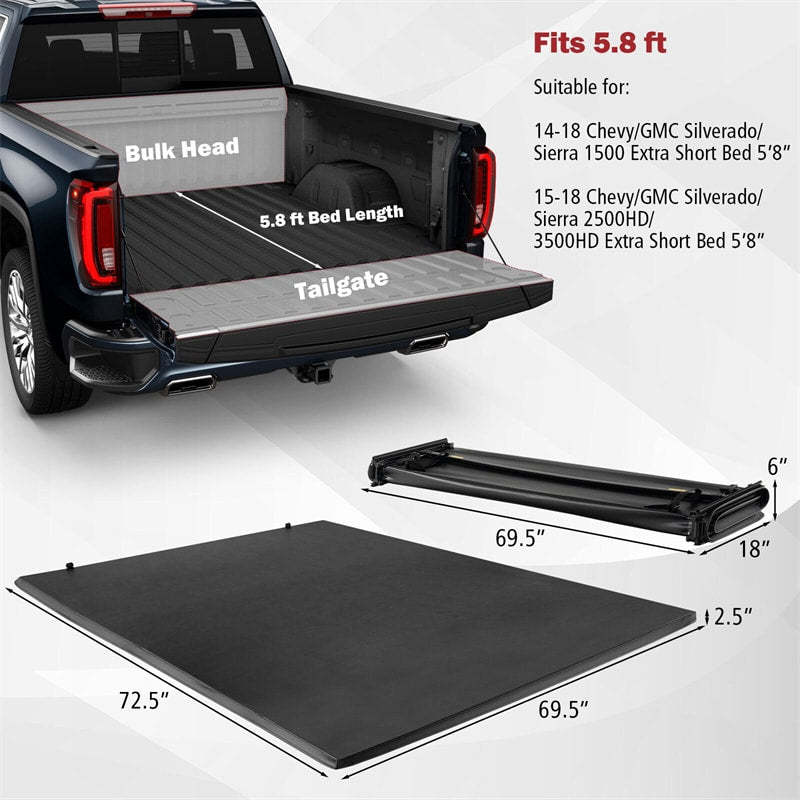 5.8FT Soft Roll-up Tonneau Cover Weatherproof Truck Bed Cover for 14-23 Chevy GMC Silverado Sierra 1500, 15-23 Chevy GMC Silverado Sierra 2500HD 3500HD