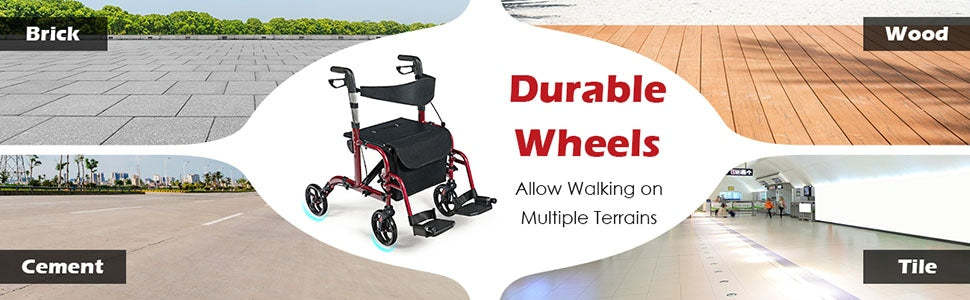 2-in-1 Folding Rollator Walker with Seat for Seniors, Aluminum Medical Walker Transport Chair Combo with 8" Wheels, Adjustable Handle & Backrest