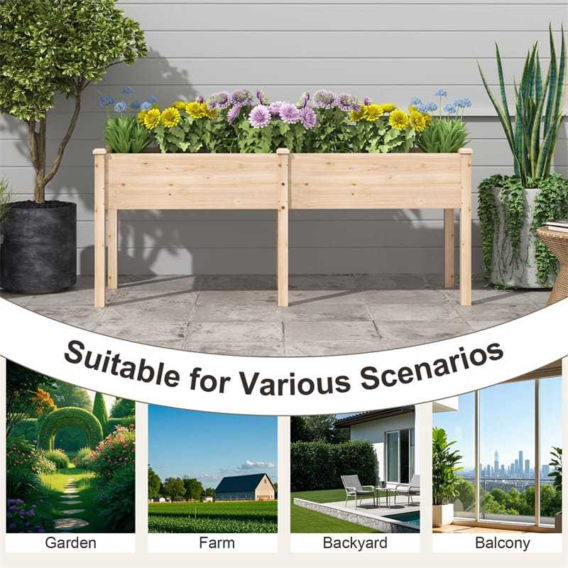 Raised Garden Bed, Elevated Wood Planter Box with 6 Supporting Legs, Divider Panel, Drainage Holes for Vegetables Flowers Herbs, Patio Yard