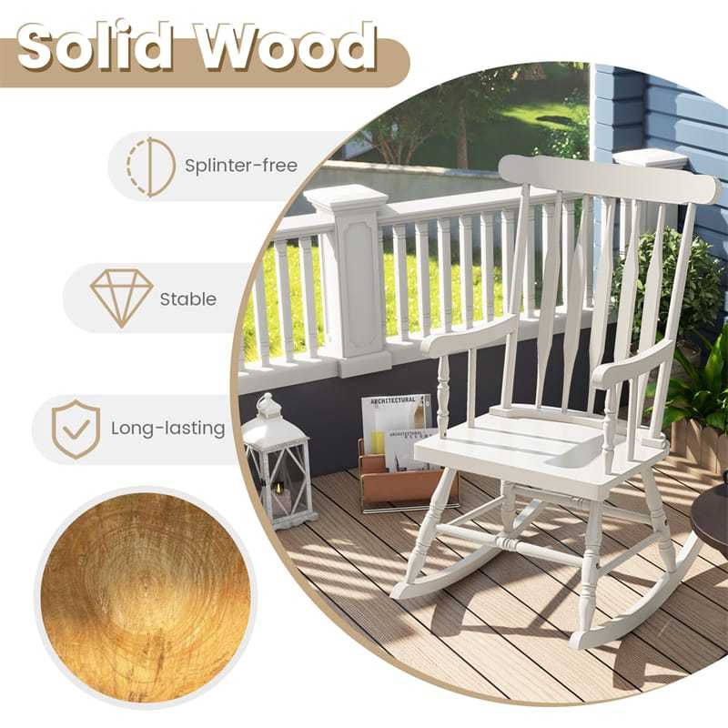 Solid Rubber Wood Patio Rocking Chair, Outdoor Porch Rocker with Slat Back & Glossy Finish for Garden, Backyard, Indoor Use