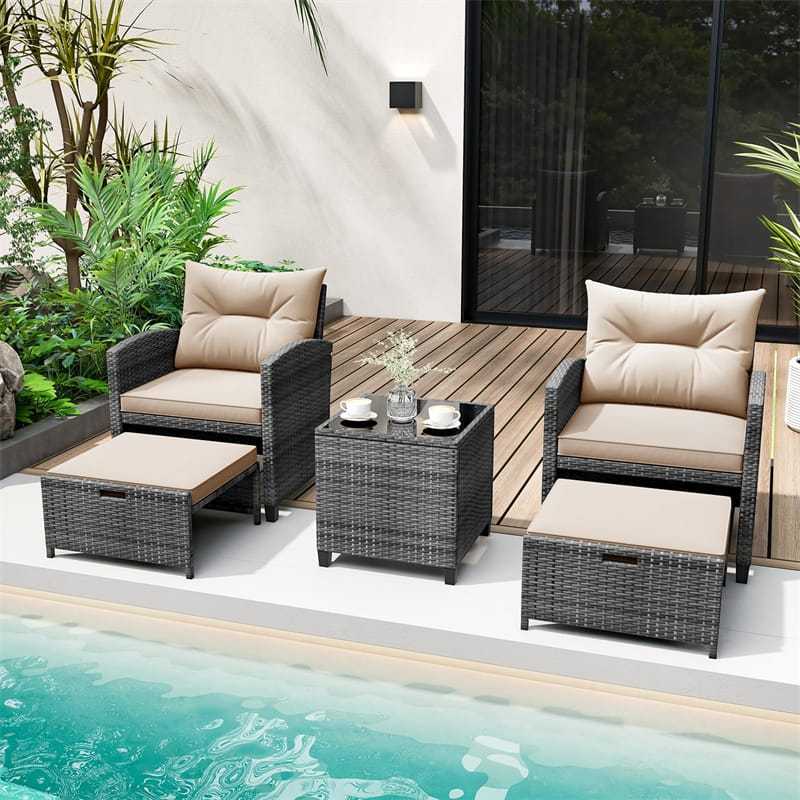 5-Piece Patio Rattan Furniture Set, Wicker Cushioned Chairs with 2 Ottomans & Tempered Glass Coffee Table for Backyard, Lawn, Poolside, Deck