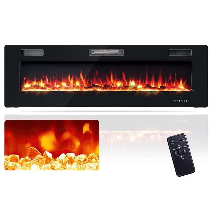 60" Ultra-Thin Electric Fireplace, Recessed & Wall Mounted Fireplace Heater with Log, Crystal Decoration, Remote Control, 8H Timer, Adjustable Flame