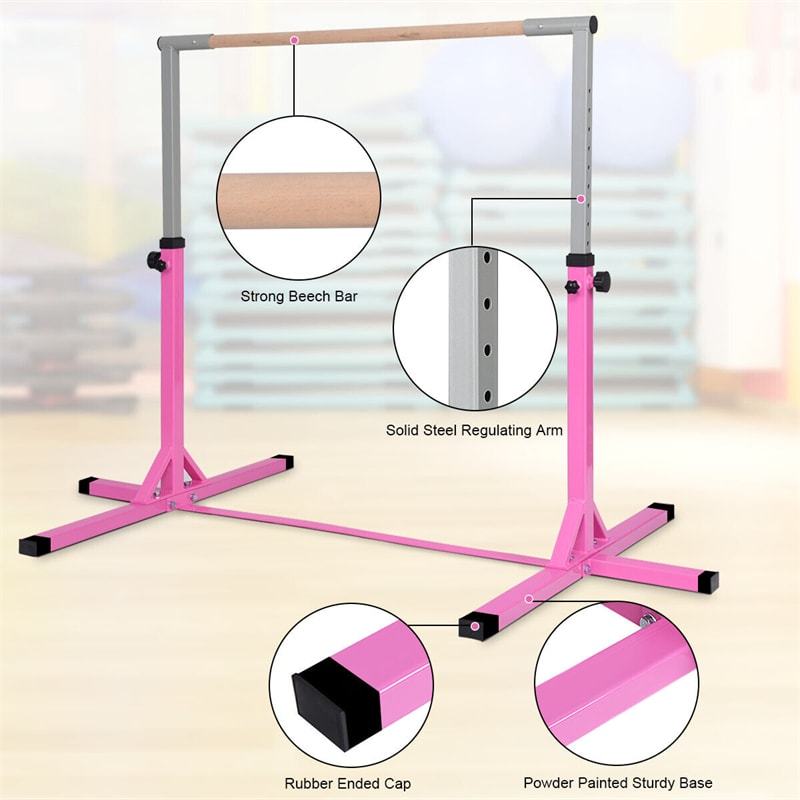 Steel Gymnastics Training Bar, 3' to 5' Height Adjustable Kip Bar with Double Locking Mechanism, Junior Horizontal Bar for Home Practice