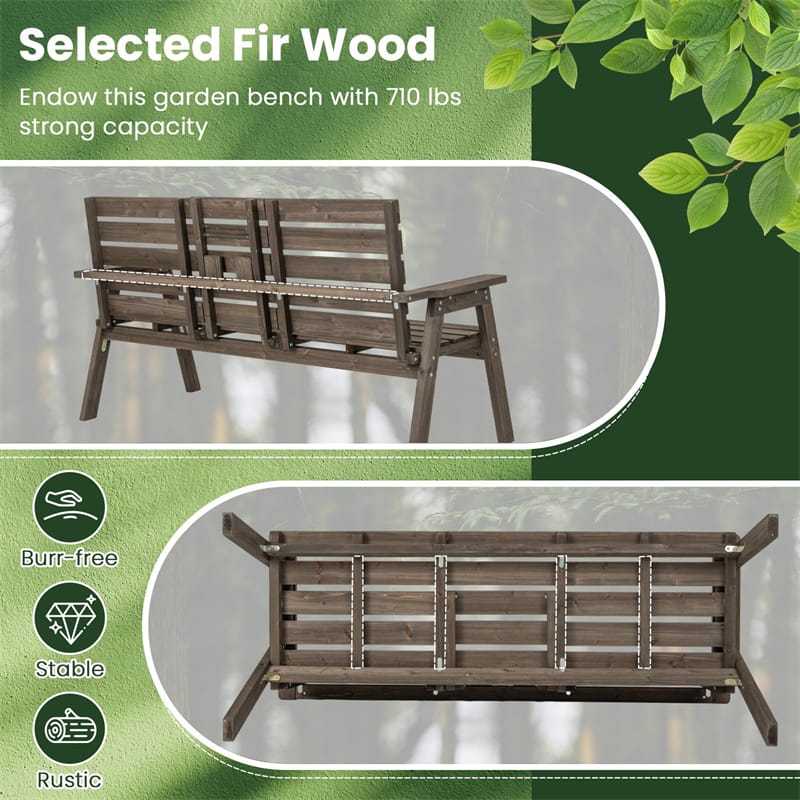 Outdoor Fir Wood Bench with Foldable Middle Table, 2-3 Person Garden Bench Slatted Seat Porch Bench w/ Backrest & Armrests, 710lbs Weight Capacity