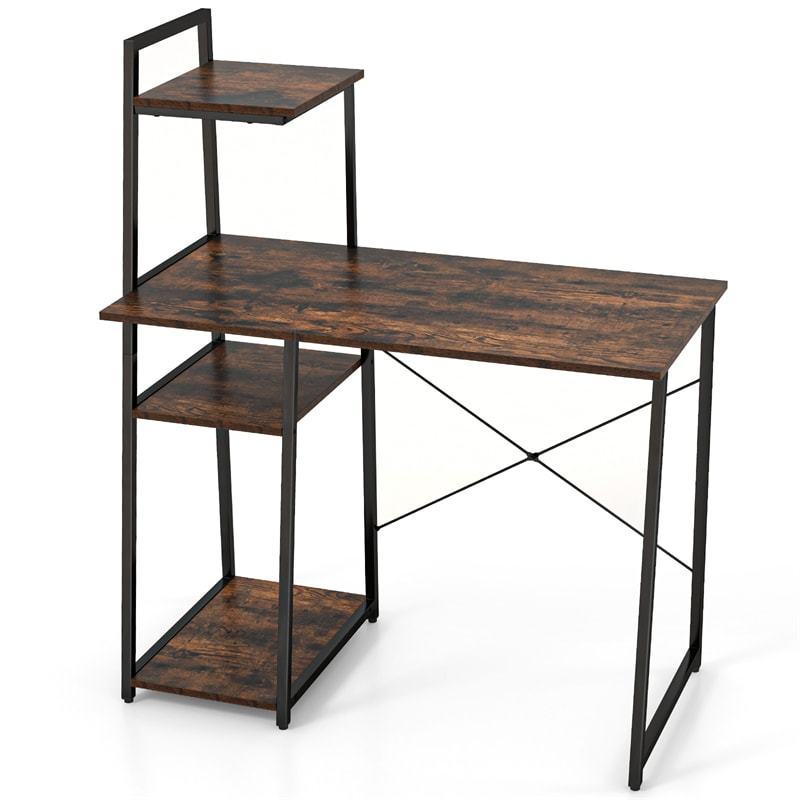 Computer Desk 47.5” Home Office Desk with Side Bookshelf & Host Stand, Metal Frame PC Laptop Workstation Study Writing Desk for Small Spaces