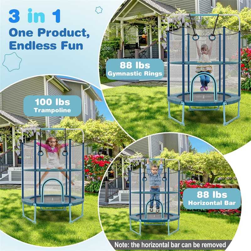 5FT Kids Trampoline, ASTM Approved 3-in-1 Toddler Trampoline with Safety Enclosure, Adjustable Horizontal Bar & Swing Rings for Indoor Outdoor