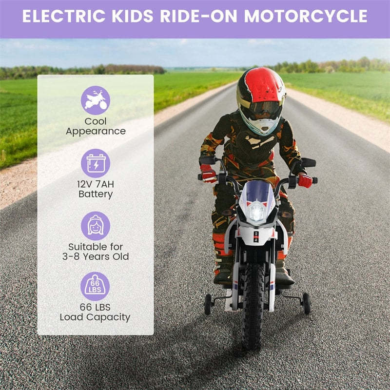 12V Kids Ride On Motorcycle, Licensed Aprilia Electric Dirt Bike with Training Wheels & Headlights, Battery Powered Ride On Car for Ages 3+