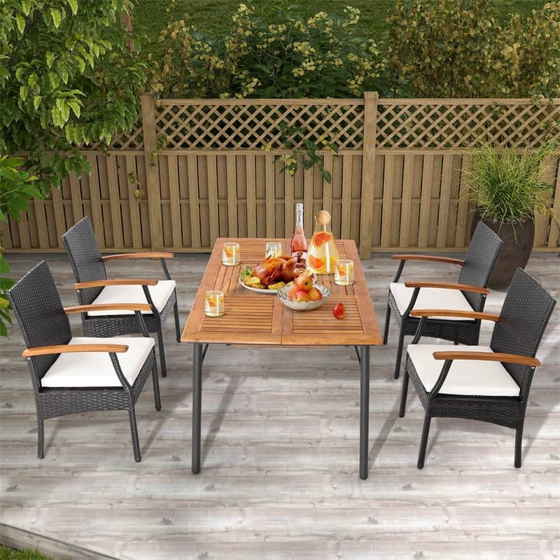 Patio PE Rattan Dining Chairs with Acacia Wood Armrests, Soft Zippered Cushions, Heavy-Duty Metal Frame Wicker Outdoor Armchairs for Balcony