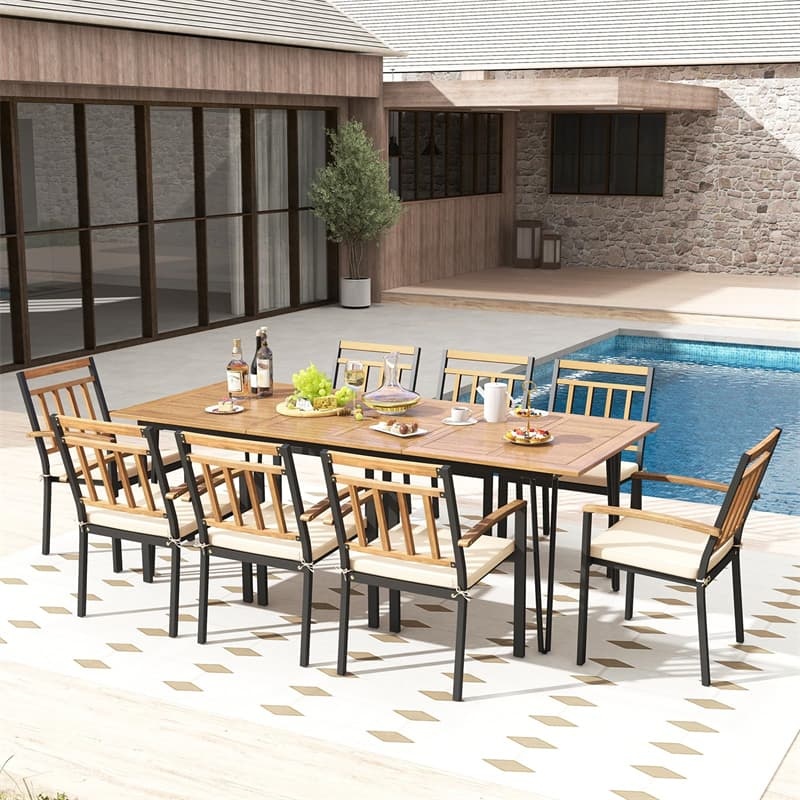 Patio Dining Chairs Metal Outdoor Chairs with Removable Padded Cushions, Acacia Wood Backrests & Armrests, 400lbs Capacity Bistro Chairs