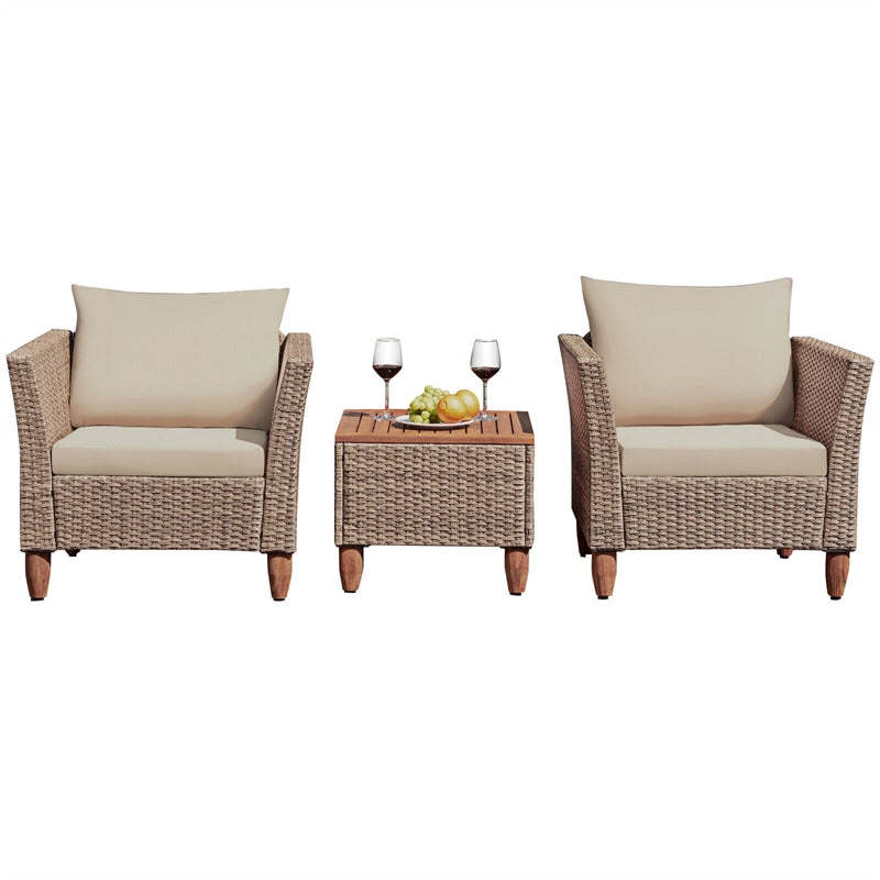 3-Piece Rattan Bistro Sofa Set Wicker Patio Furniture Set with Cushions & Side Table