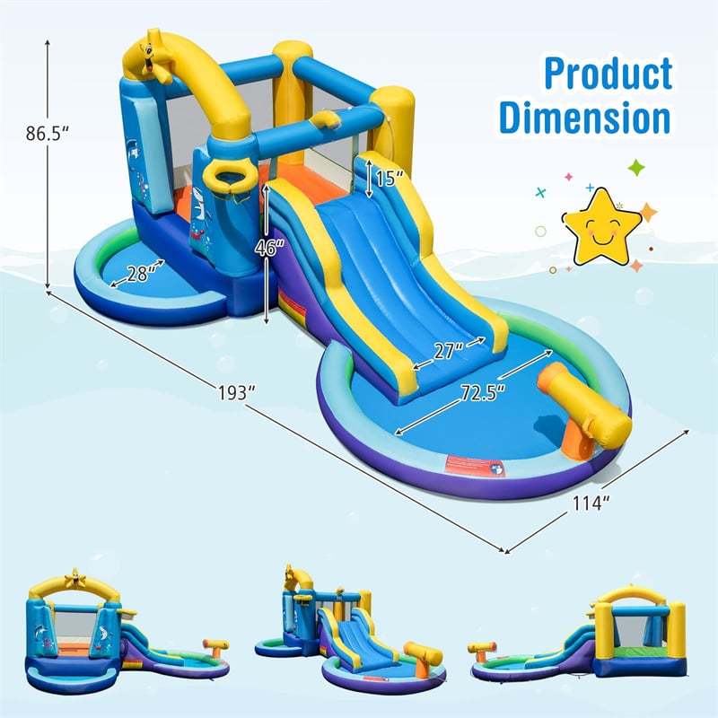 Inflatable Water Slide Ocean Theme Bounce House Water Park with Surfing Slide, 2 Splash Pools, 735W Blower, Water Cannon for Kids Indoor Outdoor Party
