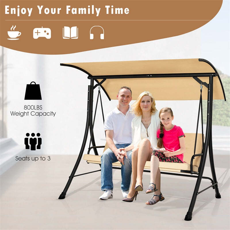 3-Seat Outdoor Porch Swing with Adjustable Canopy & Removable Cushions, Steel Frame Patio Swing for Garden, Backyard, Balcony, Poolside