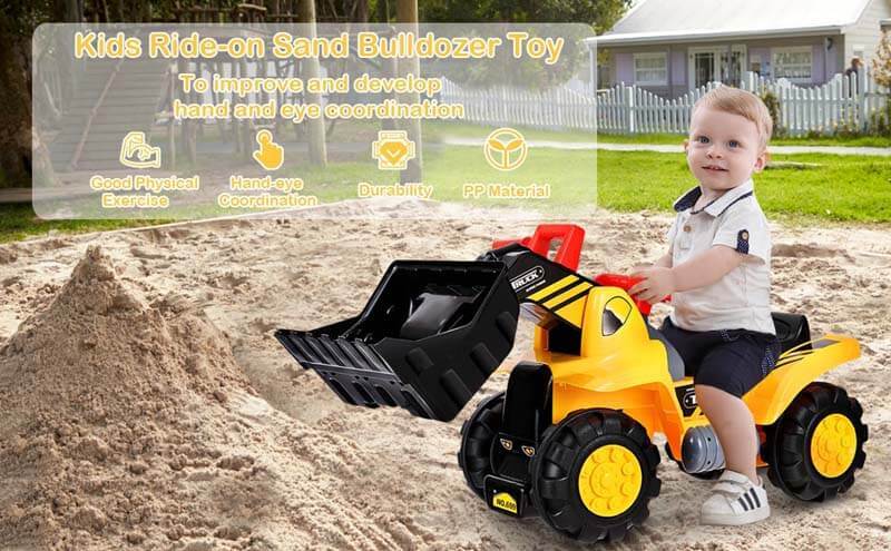 6V Electric Kids Ride On Bulldozer Excavator Construction Vehicle Outdoor Digger Scoop Pull Cart with Adjustable Loader Bucket & Underneath Storage