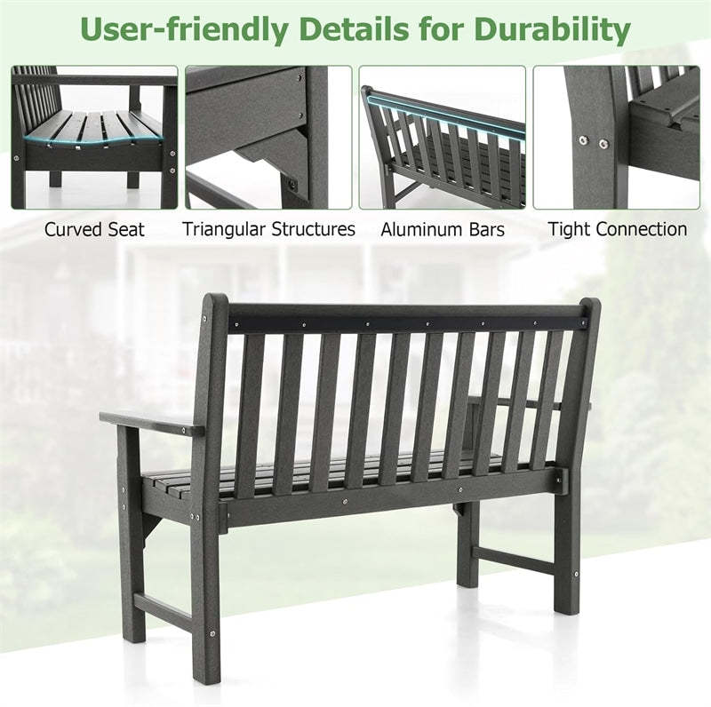 2-Person Patio Garden Bench All-Weather HDPE Outdoor Park Bench with Slatted Backrest & Armrest for Backyard Lawn