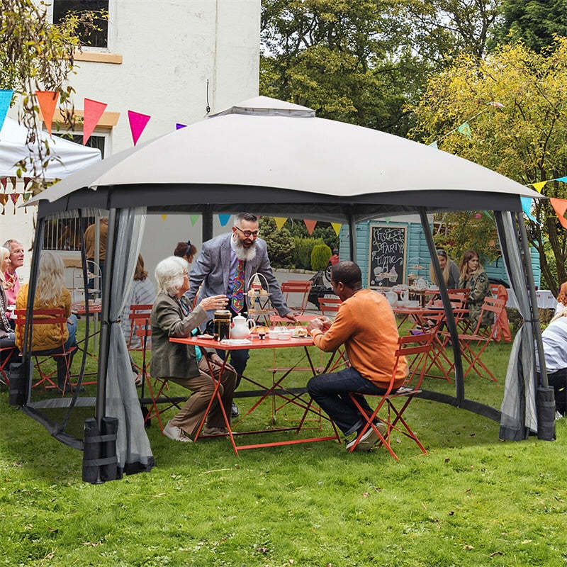 10' x 12' 2-Tier Patio Gazebo Easy-Setup Heavy-Duty Gazebo Tent Outdoor Gazebo Canopy with Netting & 4 Sandbags