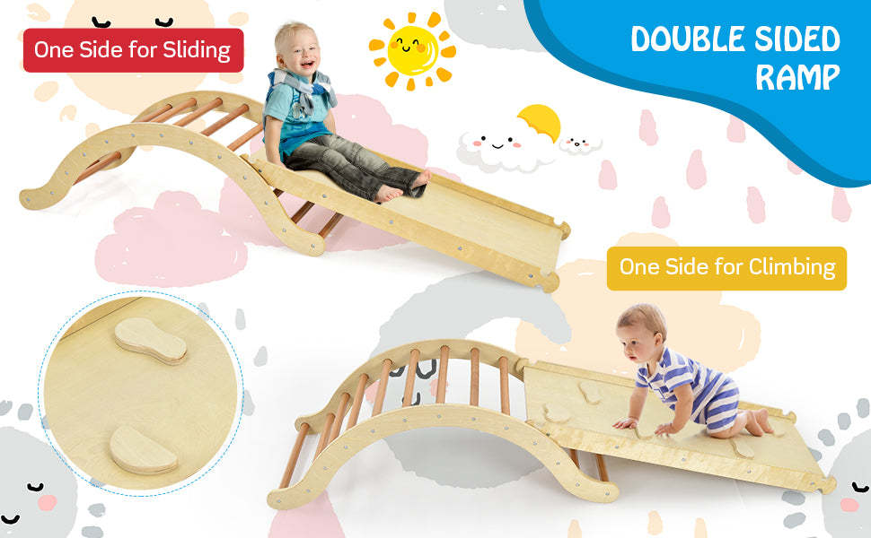 3-in-1 Toddlers Climbing Toys Montessori Wooden Arch Climber Ladder Rocker with Ramp & Padding