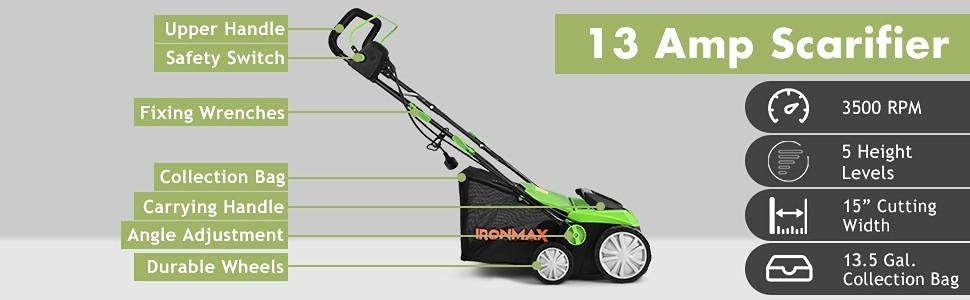 15" 13Amp Corded Scarifier 2-in-1 Electric Lawn Dethatcher with 4 Cutting Heights, 13.5 Gallon Collection Bag  & 2 Removable Blades