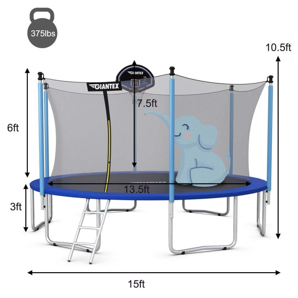 15 Ft Trampoline Combo with Enclosure Net and Basketball Hoop