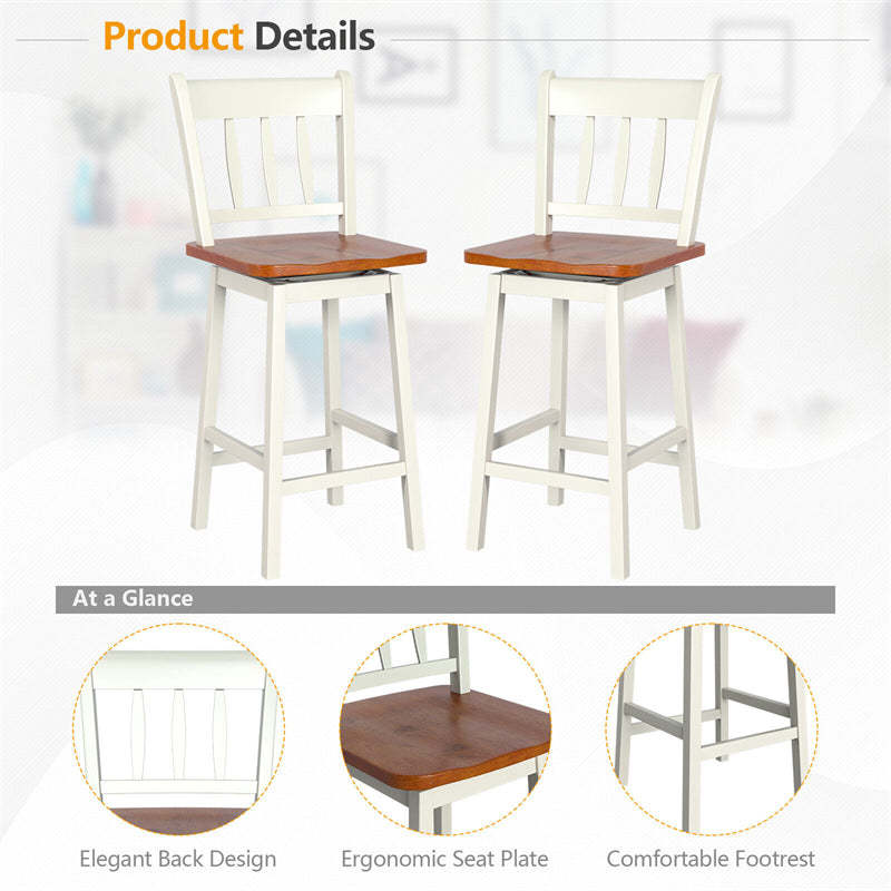 360° Swivel Bar Stools Set of 2, 24.5" Rubber Wood Counter Height Bar Chairs with Ergonomic Back & Footrest for Kitchen Island, Pub, Dining Room